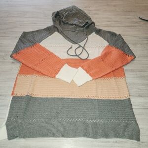 Women's Knit Hooded Thin Sweater Orange/Gray/White XXL
